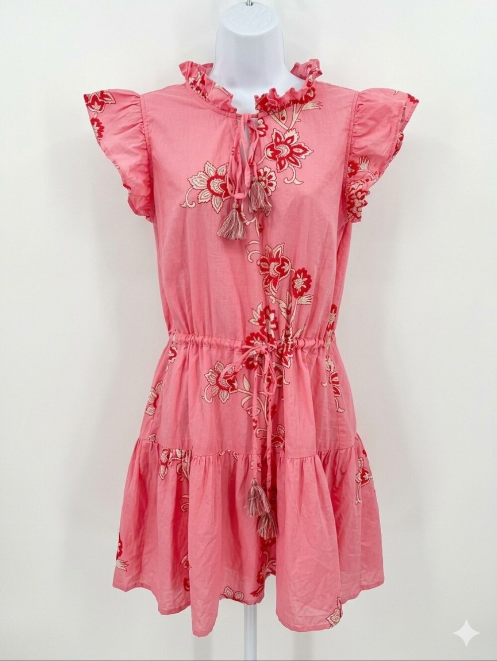 Bindu - Pink - Floral - Tiered - Mini Dress M • Flutter Sleeve Tassel Detail